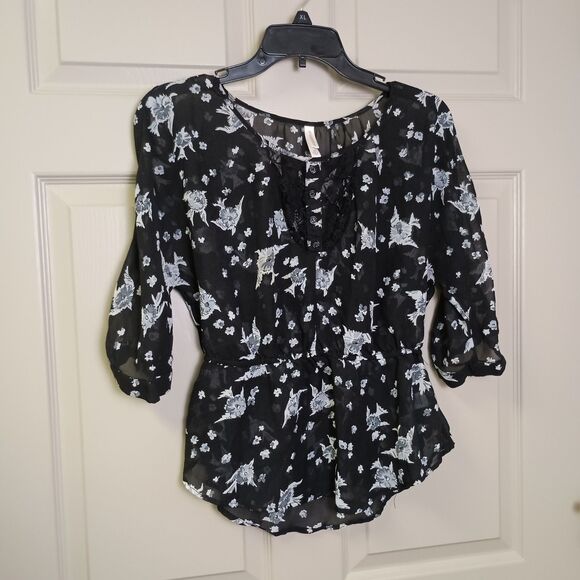 Xhilaration Tops - Xhilaration Womens Sheer Blouse Size Med Black Floral Cinched Waist 3/4 Sleeve